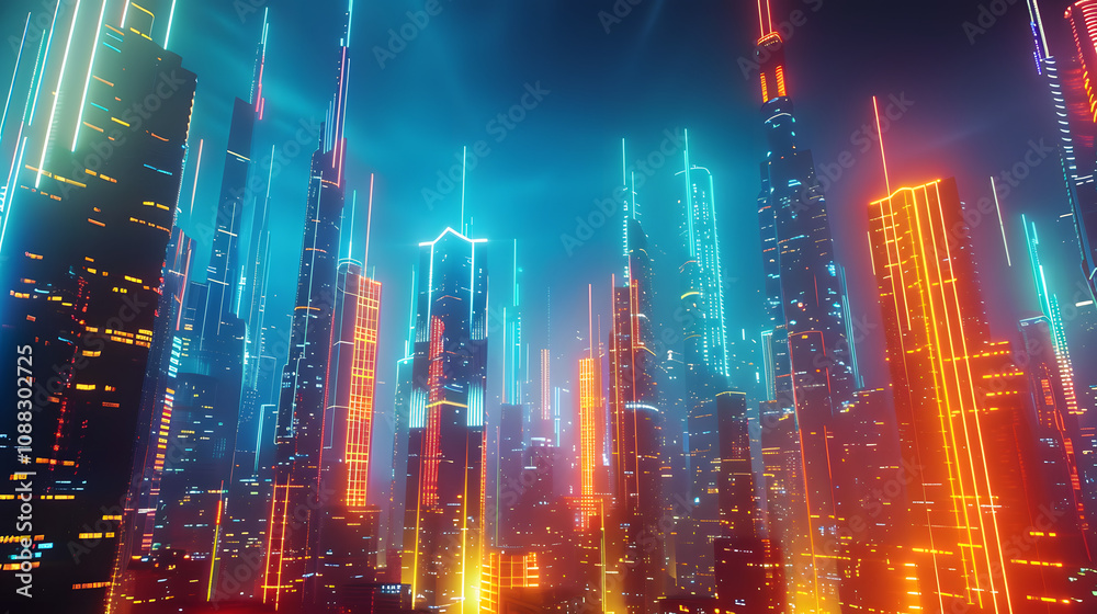 Fototapeta premium Beautiful neon future. Panorama of a futuristic city. Wallpaper in a cyberpunk style. 3D illustration. Huge futuristic skyscrapers glowing with neon light against the background