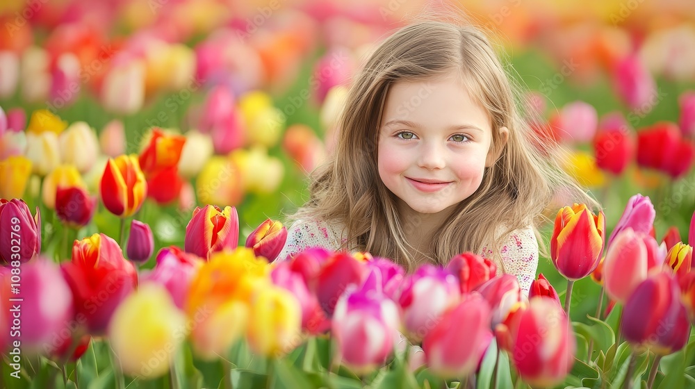 Joyful Dutch Girl Surrounded by Vibrant Tulips in a Spring Celebration Joyful Dutch Girl Surrounded by Vibrant Tulips in a Spring Celebration