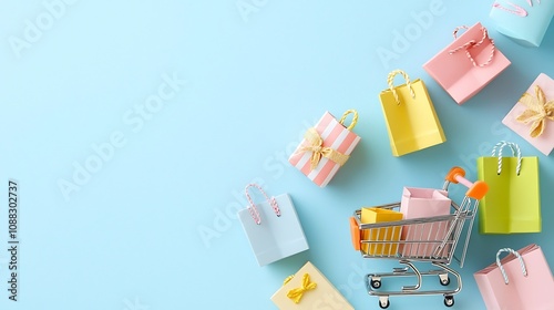 Whimsical overhead view of a miniature shopping cart surrounded by scattered pastel colored bags and accessories set against a soft blue background creating a modern and creative shopping concept