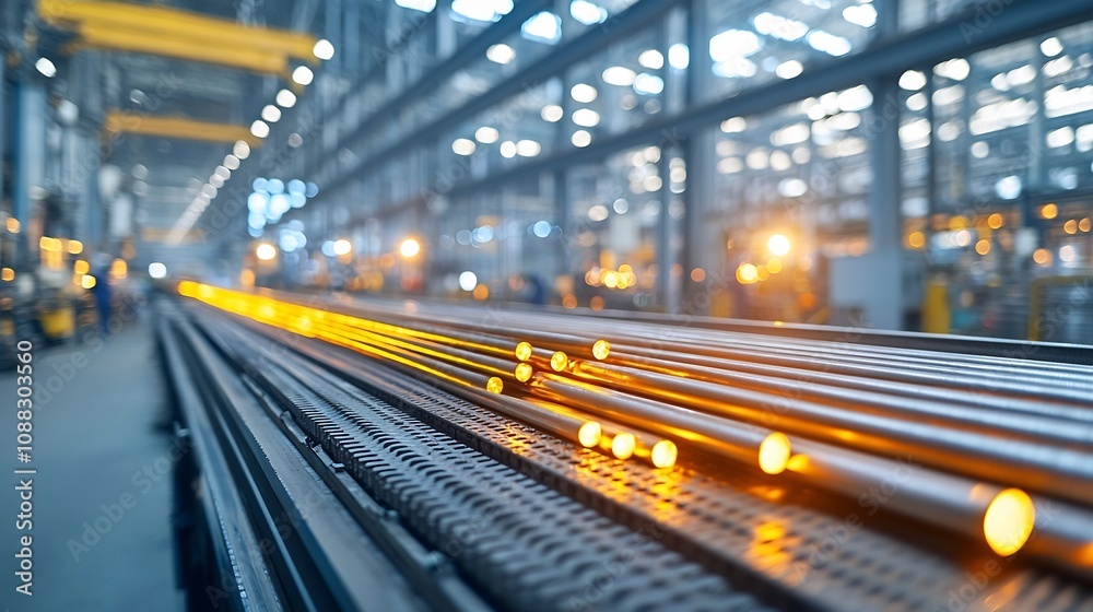 Close up of intensely glowing metal rods in vibrant orange and yellow hues resting on a conveyor belt in a bustling industrial plant Close up of intensely glowing metal rods in vibrant orange and yellow hues resting on a conveyor belt in a bustling industrial plant