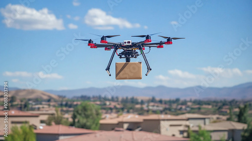 Quadcopter smart drone soaring against a clear blue sky showcasing cutting-edge technology and aerial innovation ideal for tech presentations product marketing or creative projects photo