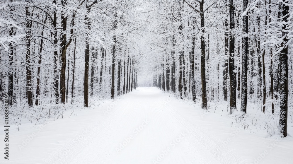 Snow covered path winding through winter forest in tranquil landscape Snow covered path winding through winter forest in tranquil landscape