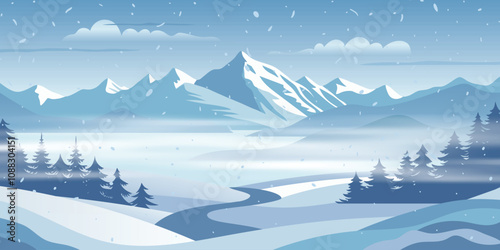Winter mountains landscape,  snowdrifts and snowfall, vector illustration