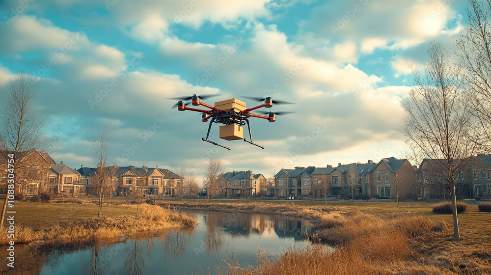 Fototapeta premium Quadcopter smart drone soaring against a clear blue sky showcasing cutting-edge technology and aerial innovation ideal for tech presentations product marketing or creative projects