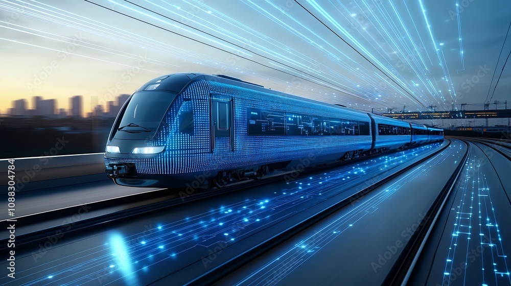 Futuristic high speed train glowing in blue digital light trails symbolizing advanced technology and the future of modern transportation The sleek streamlined vehicle is surrounded by a dynamic Futuristic high speed train glowing in blue digital light trails symbolizing advanced technology and the future of modern transportation The sleek streamlined vehicle is surrounded by a dynamic