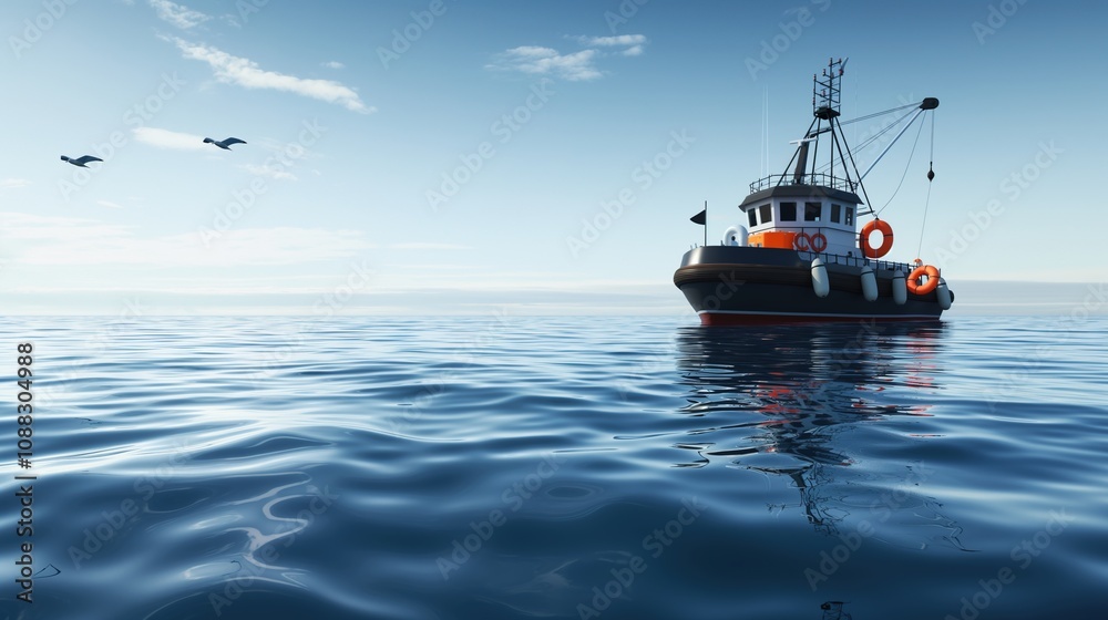 Obraz premium Rescue boat floating on tranquil blue sea with a life buoy attached. Safety,Risk Management,Teamwork,Nature,Environment,Hope,Survival,emergency, response,prepared, standby, alert, positioned