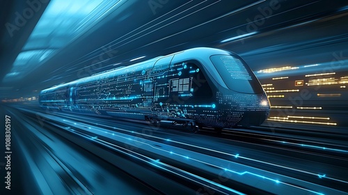 Futuristic blue high speed train design with glowing digital lines and nodes symbolizing the advancement and progress in modern rail transportation technology  The dynamic sleek