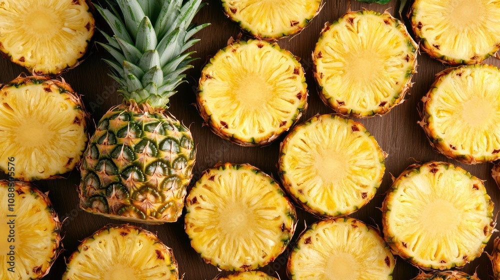 Fresh pineapple showing its slices on wooden table Fresh pineapple showing its slices on wooden table