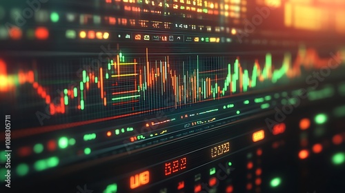 A close-up of a PC monitor displaying a vibrant cryptocurrency candlestick chart with recent price action highlighted by green and red candles. photo