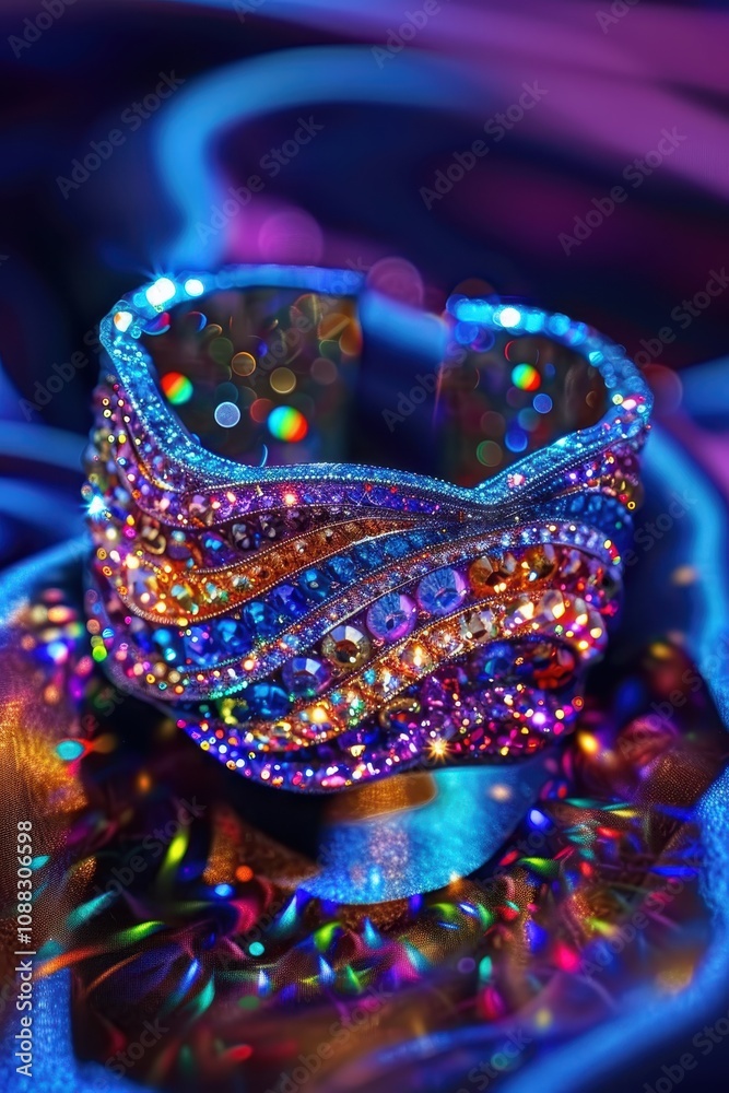 A vibrant, multicolored bracelet sparkles with intricate details, showcasing a mix of gems and a captivating play of light. A vibrant, multicolored bracelet sparkles with intricate details, showcasing a mix of gems and a captivating play of light.
