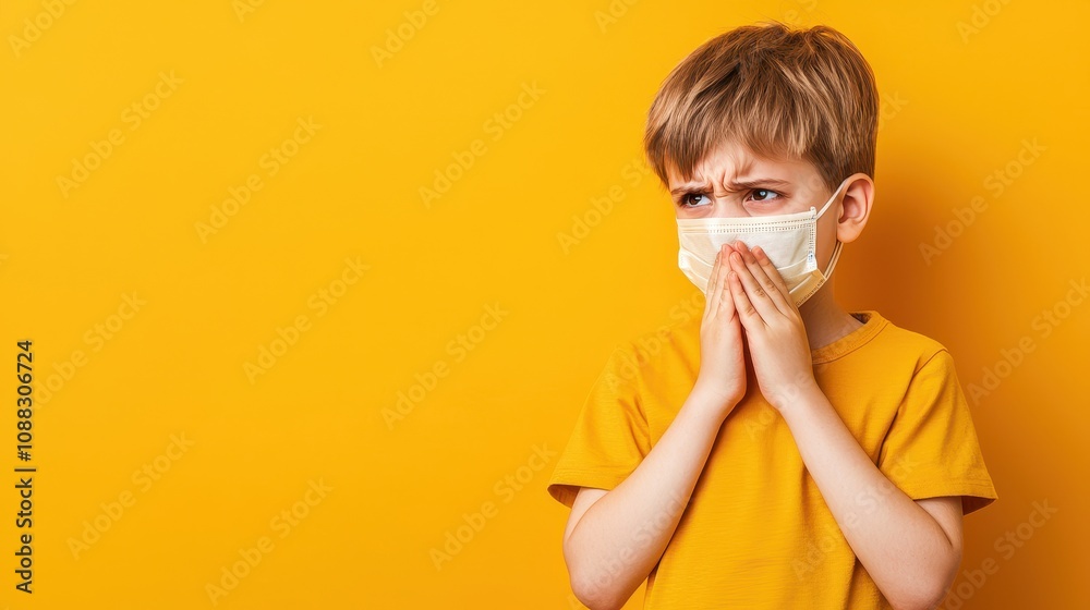 Pertussis Kid Care Concept, Kid Wearing Face Mask Coughing Gently in Concern for Health While Standing Against a Bright Yellow Background, Expressing Emotion and Awareness of Health Safety Pertussis Kid Care Concept, Kid Wearing Face Mask Coughing Gently in Concern for Health While Standing Against a Bright Yellow Background, Expressing Emotion and Awareness of Health Safety
