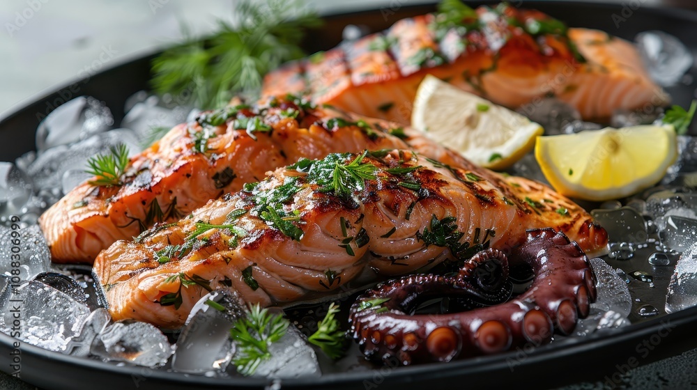 A beautifully plated dish featuring grilled salmon garnished with herbs and lemon, alongside an octopus, resting on a bed of ice.