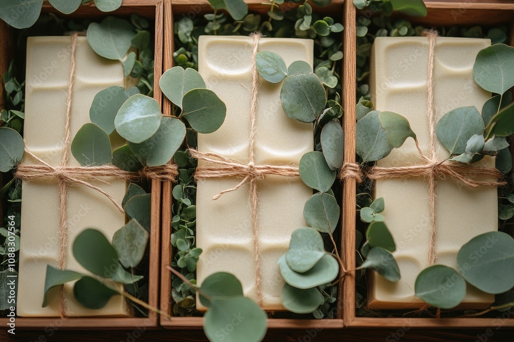 Fototapeta premium Handmade soap bars in a wooden box. This photo is perfect for showcasing natural beauty products.