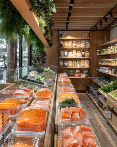 A modern grocery store interior featuring fresh seafood, vibrant greens, and an organized display of various food products.