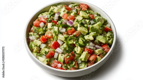 A bowl of creamy avocado salsa with diced avocado, tomatoes, onions