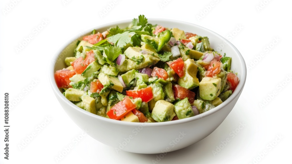 A bowl of creamy avocado salsa with diced avocado, tomatoes, onions A bowl of creamy avocado salsa with diced avocado, tomatoes, onions
