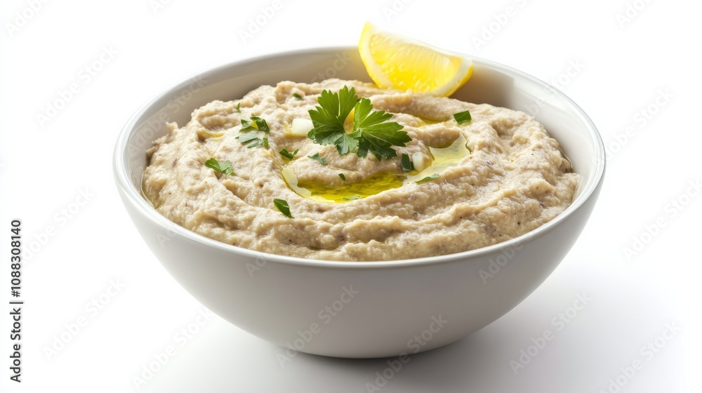 A bowl of creamy baba ganoush with roasted eggplant, tahini, garlic A bowl of creamy baba ganoush with roasted eggplant, tahini, garlic
