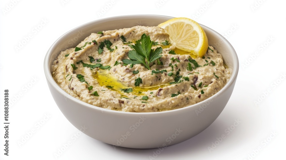 A bowl of creamy baba ganoush with roasted eggplant, tahini, garlic A bowl of creamy baba ganoush with roasted eggplant, tahini, garlic