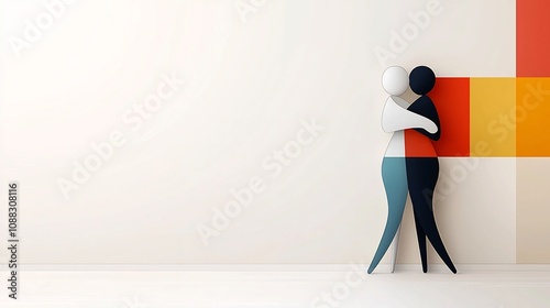 Minimalist and modern depicting two abstract geometric figures embracing in a stylish contemporary design with contrasting colors photo