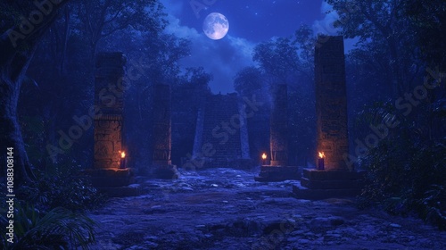 Fototapeta Naklejka Na Ścianę i Meble -  Moonlit Mayan Mystique: Ethereal Night Scene at Ancient Ceremonial Site with Torchlit Altars and Jungle Ambiance in Ultra-Detailed Capture