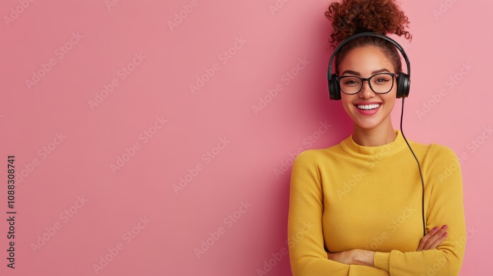 Smiling female customer support operator wearing headset engaged in professional communication Over pink Studio Background. full length shot, Smiling female customer support operator wearing headset engaged in professional communication Over pink Studio Background. full length shot,