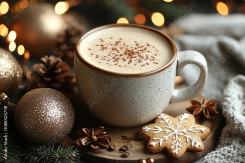 A cup of hot coffee with gingerbread cookies on a wooden table