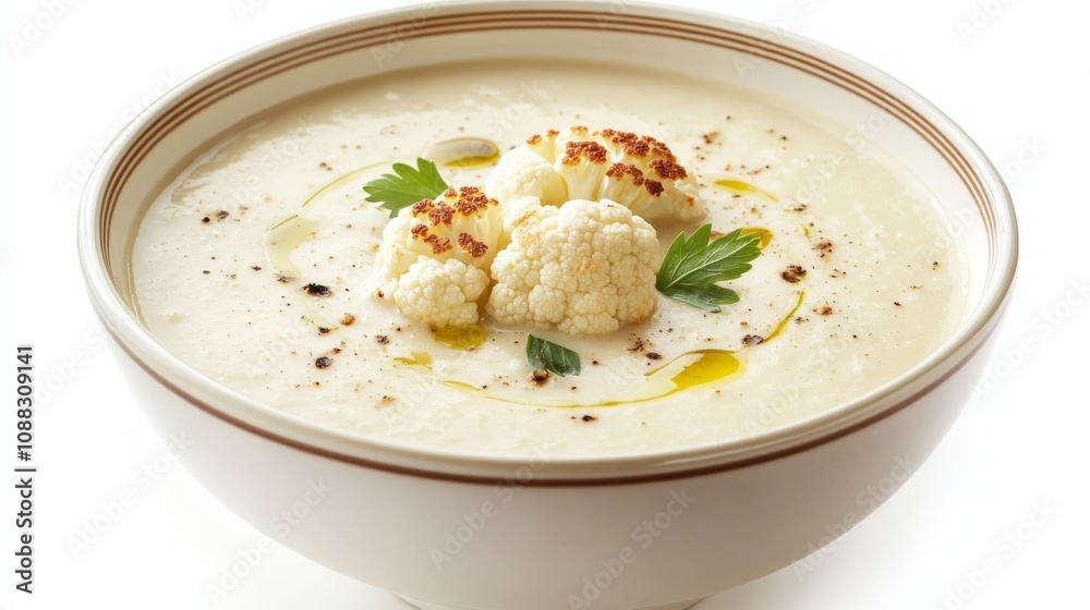 A bowl of creamy cauliflower soup garnished with roasted cauliflower florets and a drizzle of olive oil, Its rich aroma and velvety texture enticingly displayed A bowl of creamy cauliflower soup garnished with roasted cauliflower florets and a drizzle of olive oil, Its rich aroma and velvety texture enticingly displayed