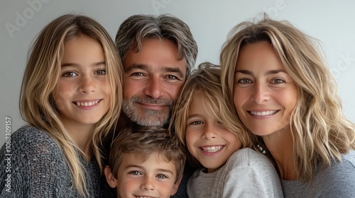 Family of four, all smiling, parents with two children, casual clothing, close together, white background