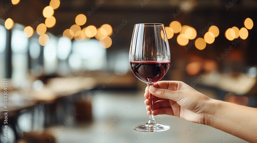 Close up of a hand elegantly holding a wine glass filled with red wine with dreamy bokeh lights in the background symbolizing a festive Close up of a hand elegantly holding a wine glass filled with red wine with dreamy bokeh lights in the background symbolizing a festive