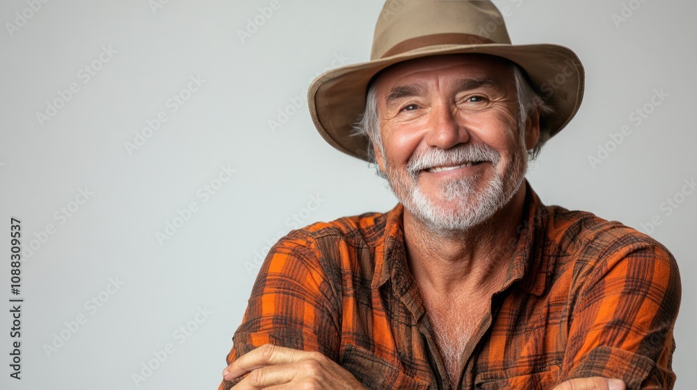 Happy senior man with a wide smile, wearing a hat and casual attire, arms relaxed, isolated on white background Happy senior man with a wide smile, wearing a hat and casual attire, arms relaxed, isolated on white background