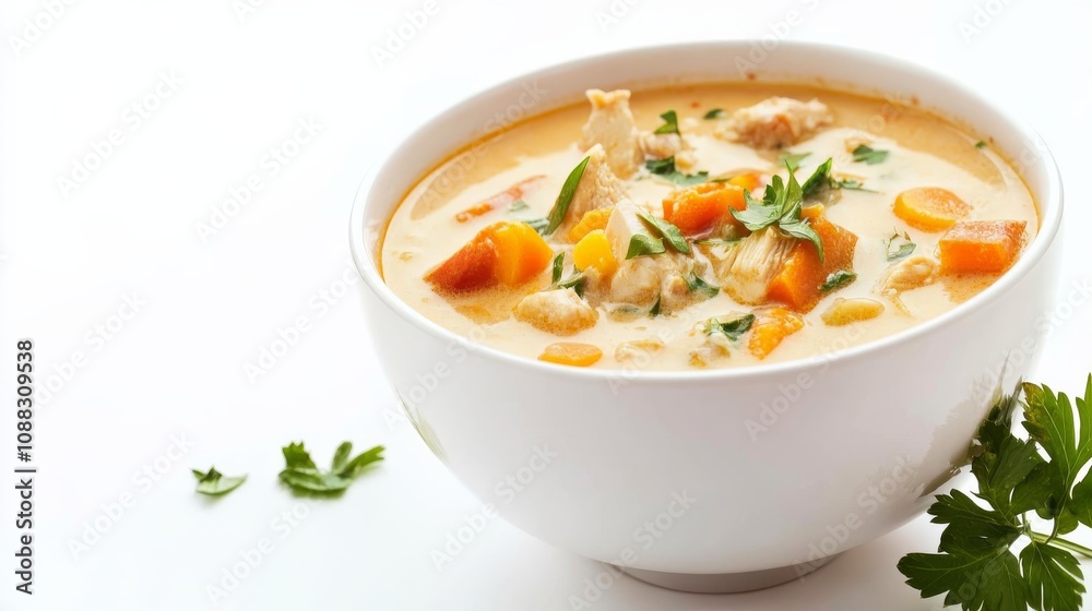 A bowl of creamy coconut curry soup with tender chicken and vegetables, Each spoonful rich and fragrant with spices, Set against an isolated white background to accentuate its exotic aroma A bowl of creamy coconut curry soup with tender chicken and vegetables, Each spoonful rich and fragrant with spices, Set against an isolated white background to accentuate its exotic aroma