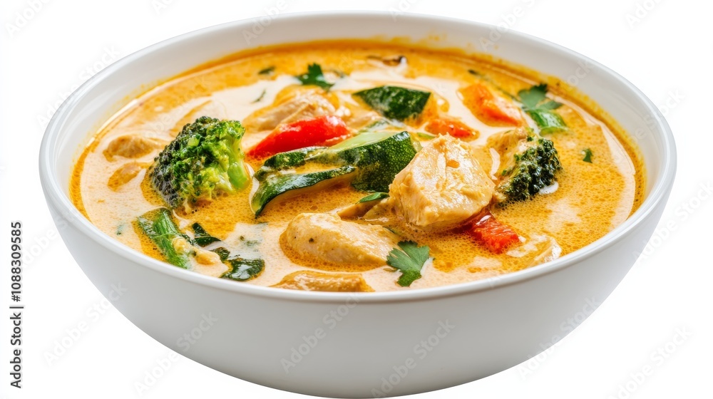 A bowl of creamy coconut curry soup with tender chicken and vegetables, Each spoonful rich and fragrant with spices, Set against an isolated white background to accentuate its exotic aroma A bowl of creamy coconut curry soup with tender chicken and vegetables, Each spoonful rich and fragrant with spices, Set against an isolated white background to accentuate its exotic aroma