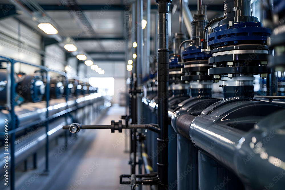 Modern wastewater facility purifying water with automated machinery in a clean, bright space.