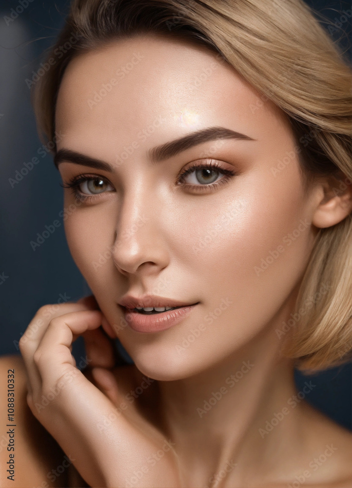 Obraz premium donna matura felice che si trucca il viso con i cosmetici davanti allo specchio