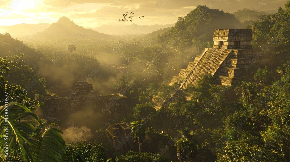 custom made wallpaper toronto digitalMystical Mayan Temple Complex at Dawn with Misty Valley and Jungle Wildlife Awakening - Ultra-Detailed View