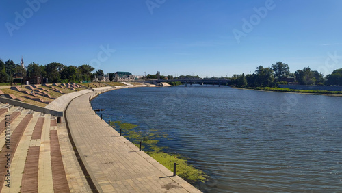 Penza, Russia. Developed public space. Sura River embankment. Summer morning photo