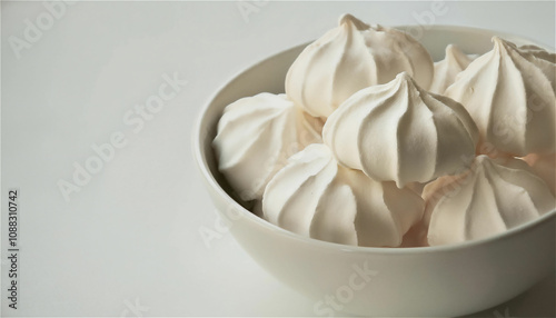 A minimal, elegant scene featuring a white bowl full of delicate white meringue dishes