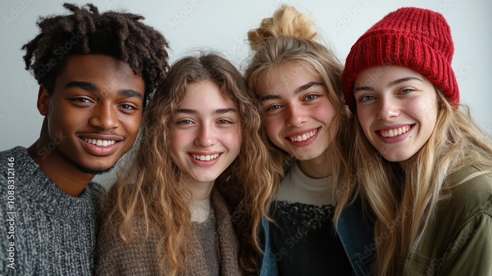 Obraz premium Group of diverse young friends, all smiling, dressed in casual outfits, standing together closely, on a white background
