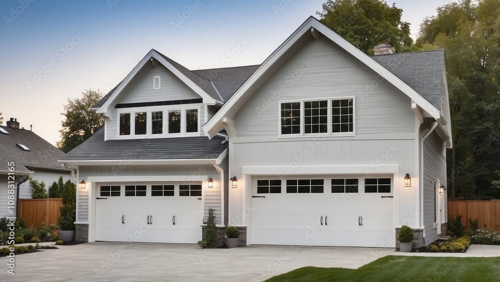 On a white house with a gable roof, a contemporary grey garage door- On a white house with a gable roof, a contemporary grey garage door-