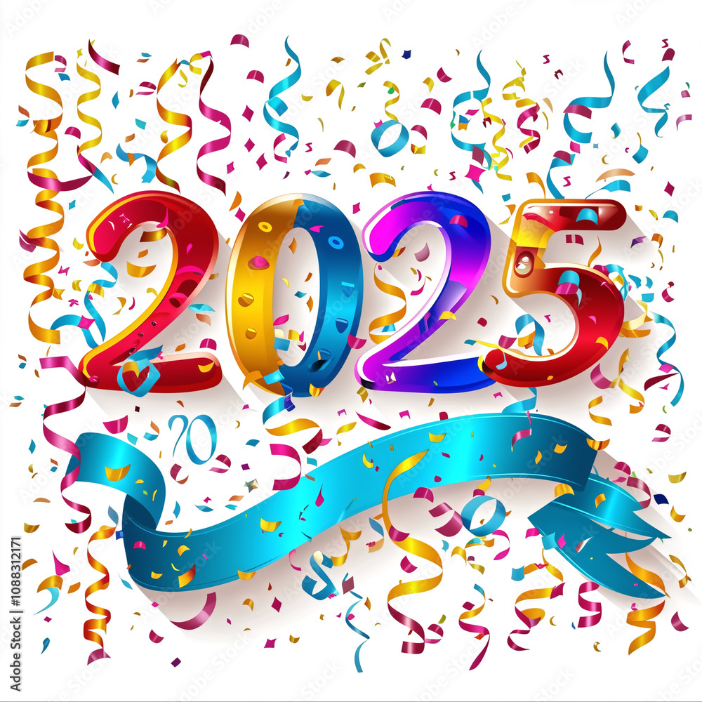 Fototapeta premium 2025 banner in New year day, 100% white background, no outline,