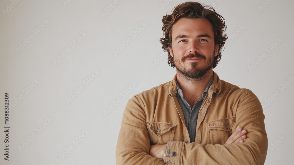 Obraz premium Casual man with a beard, standing with arms crossed, wearing a relaxed outfit, friendly smile, against white backdrop