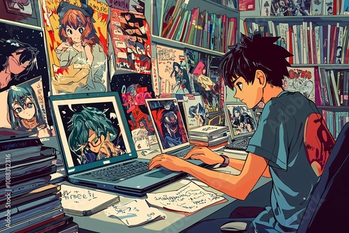 A vibrant illustration of characters typing on laptops amid books and anime posters, representing fanfiction creativity on a white background. photo