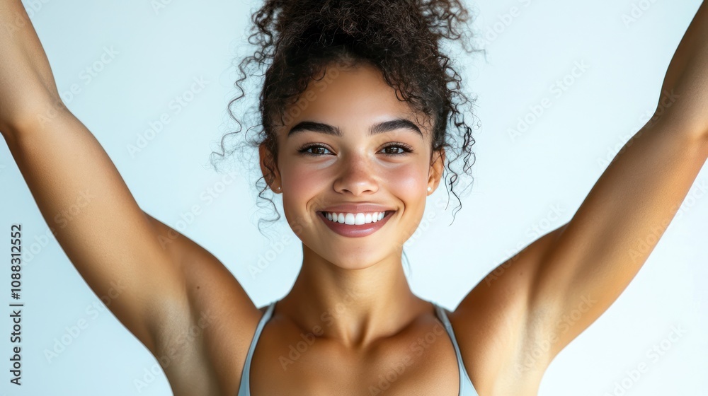 Female gymnast in a leotard, posing gracefully with arms raised, smiling confidently, isolated on white background Female gymnast in a leotard, posing gracefully with arms raised, smiling confidently, isolated on white background