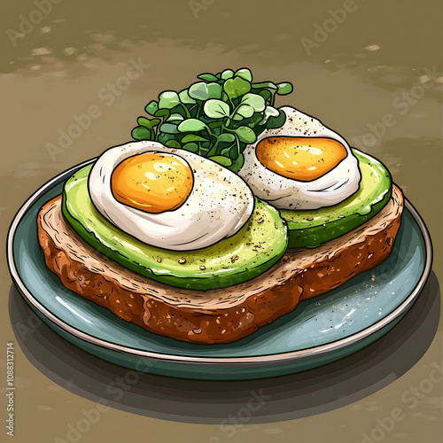 Avocado toast with poached eggs and sprouts. (1) photo