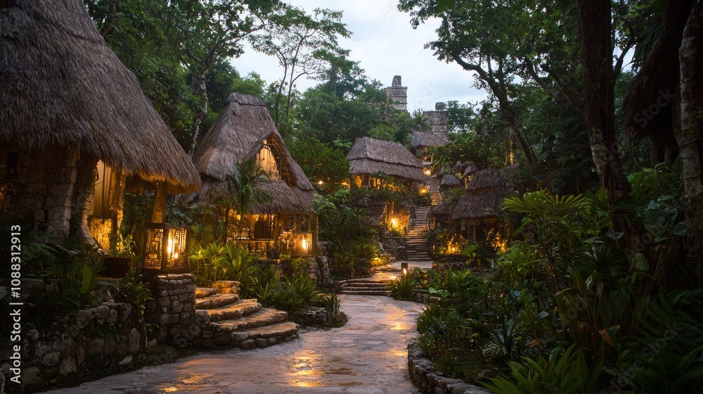 Serene Mayan Village at Dusk: Tranquil Scene of Thatched-Roof Huts and Stone Pathways Illuminated by Lantern Light in Ancient Civilization Serene Mayan Village at Dusk: Tranquil Scene of Thatched-Roof Huts and Stone Pathways Illuminated by Lantern Light in Ancient Civilization