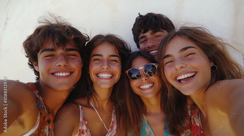 Obraz premium Friends taking a selfie, happy expressions, gathered close, dressed casually, white background
