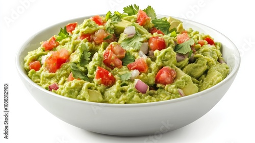 A bowl of creamy guacamole with ripe avocados, diced tomatoes, onions