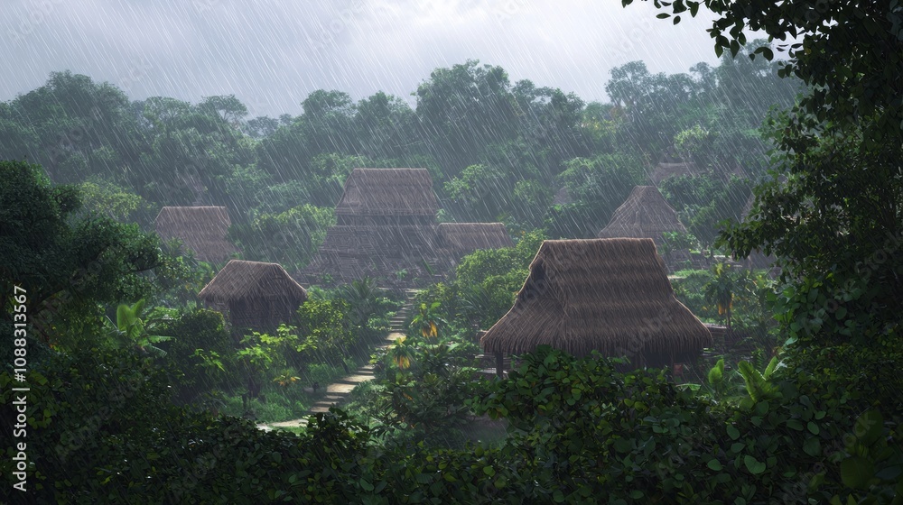 Serene Mayan Village Gathering in Rainy Day - Peaceful Traditional Lifestyle Amid Lush Greenery | Ultra-Detailed Mayan Civilization Scene