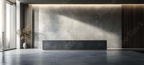 8. A sleek podium with a dark stone texture, positioned in a minimalist room with natural light, leaving plenty of space for a product.