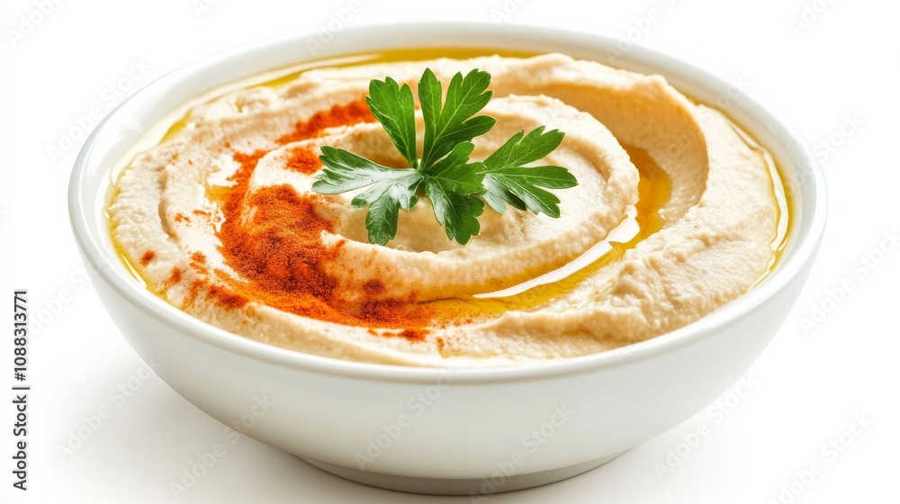 A bowl of creamy hummus garnished with olive oil, paprika, and fresh parsley